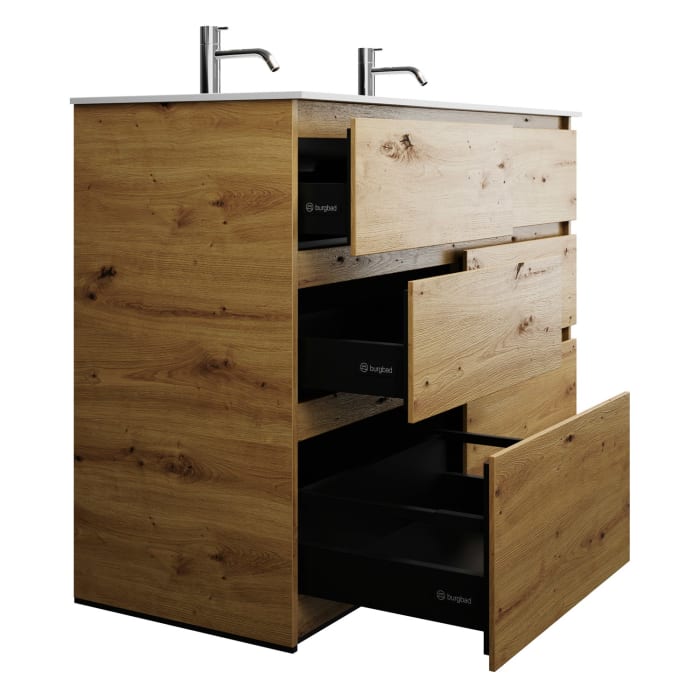 burgbad Lin20 Waschtischunterschrank mit Mineralguss-Doppelwaschtisch 122 cm, 6 Auszüge, links und rechts