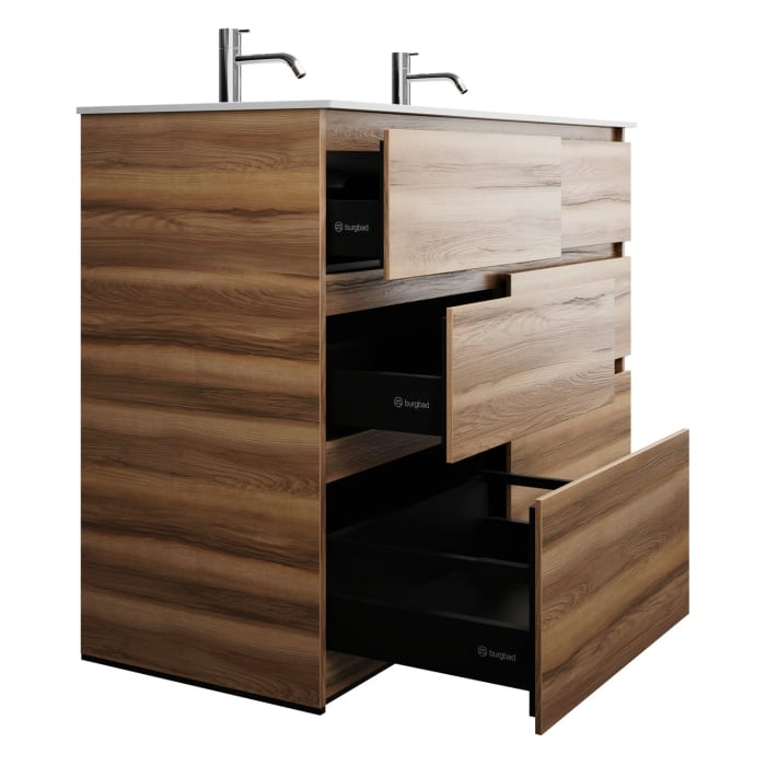 burgbad Lin20 Waschtischunterschrank mit Mineralguss-Doppelwaschtisch 122 cm, 6 Auszüge, links und rechts