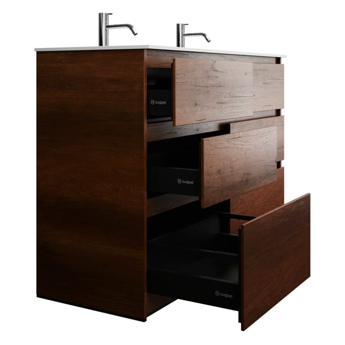 burgbad Lin20 Waschtischunterschrank mit Mineralguss-Doppelwaschtisch 122 cm, 6 Auszüge, links und rechts