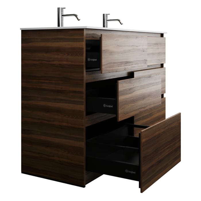 burgbad Lin20 Waschtischunterschrank mit Mineralguss-Doppelwaschtisch 122 cm, 6 Auszüge, links und rechts