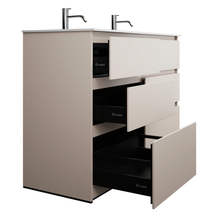 burgbad Lin20 Waschtischunterschrank mit Mineralguss-Doppelwaschtisch 122 cm, 6 Auszüge, links und rechts