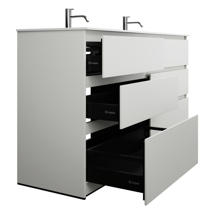 burgbad Lin20 Waschtischunterschrank mit Mineralguss-Doppelwaschtisch 162 cm, 6 Auszüge, links und rechts