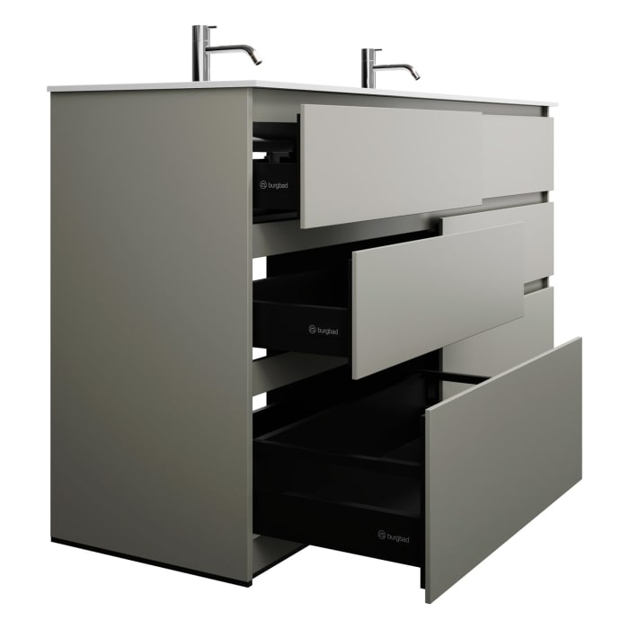 burgbad Lin20 Waschtischunterschrank mit Mineralguss-Doppelwaschtisch 162 cm, 6 Auszüge, links und rechts