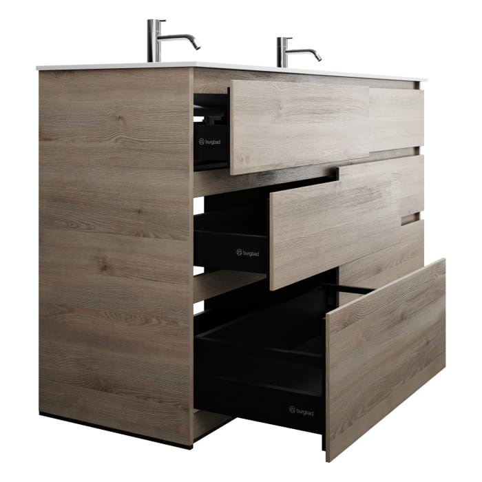 burgbad Lin20 Waschtischunterschrank mit Mineralguss-Doppelwaschtisch 162 cm, 6 Auszüge, links und rechts