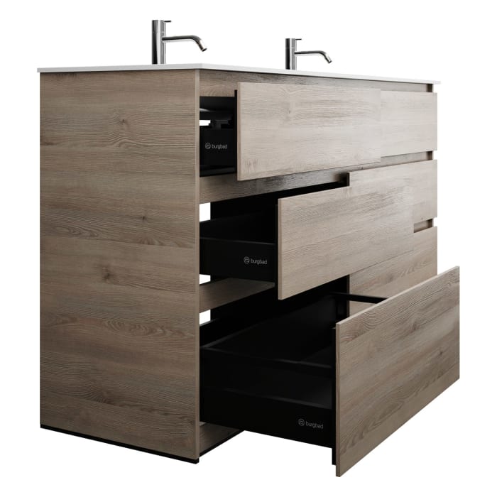 burgbad Lin20 Waschtischunterschrank mit Mineralguss-Doppelwaschtisch 162 cm, 6 Auszüge, links und rechts