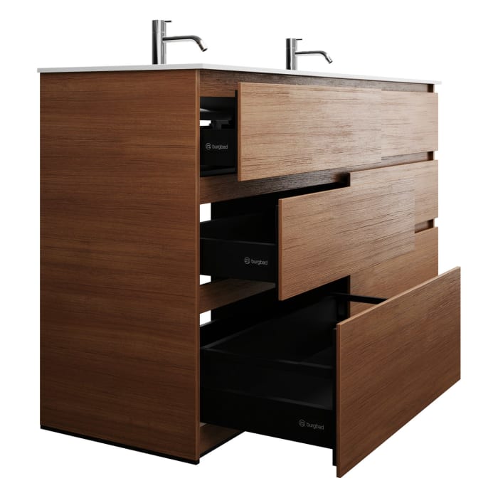 burgbad Lin20 Waschtischunterschrank mit Mineralguss-Doppelwaschtisch 162 cm, 6 Auszüge, links und rechts