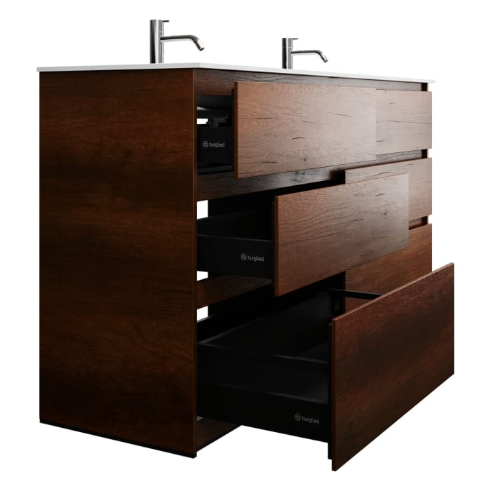 burgbad Lin20 Waschtischunterschrank mit Mineralguss-Doppelwaschtisch 162 cm, 6 Auszüge, links und rechts