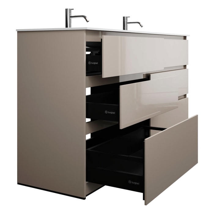 burgbad Lin20 Waschtischunterschrank mit Mineralguss-Doppelwaschtisch 162 cm, 6 Auszüge, links und rechts