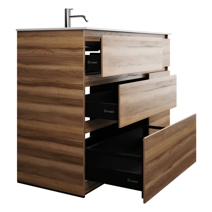 burgbad Lin20 Waschtischunterschrank mit Mineralguss-Waschtisch 122 cm, 6 Auszüge, links