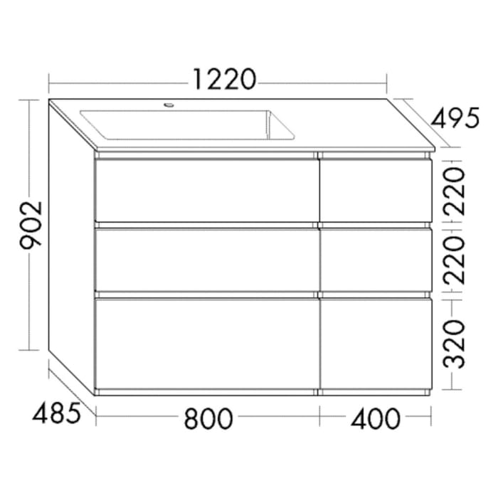 burgbad Lin20 Waschtischunterschrank mit Mineralguss-Waschtisch 122 cm, 6 Auszüge, links