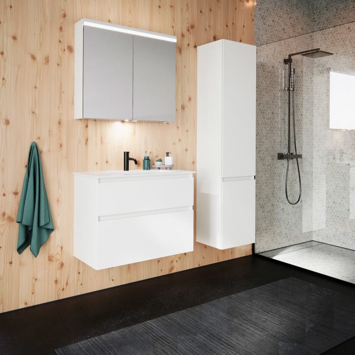 burgbad Lin20 Waschtischunterschrank mit Mineralguss-Waschtisch 82 cm, 2 Auszüge