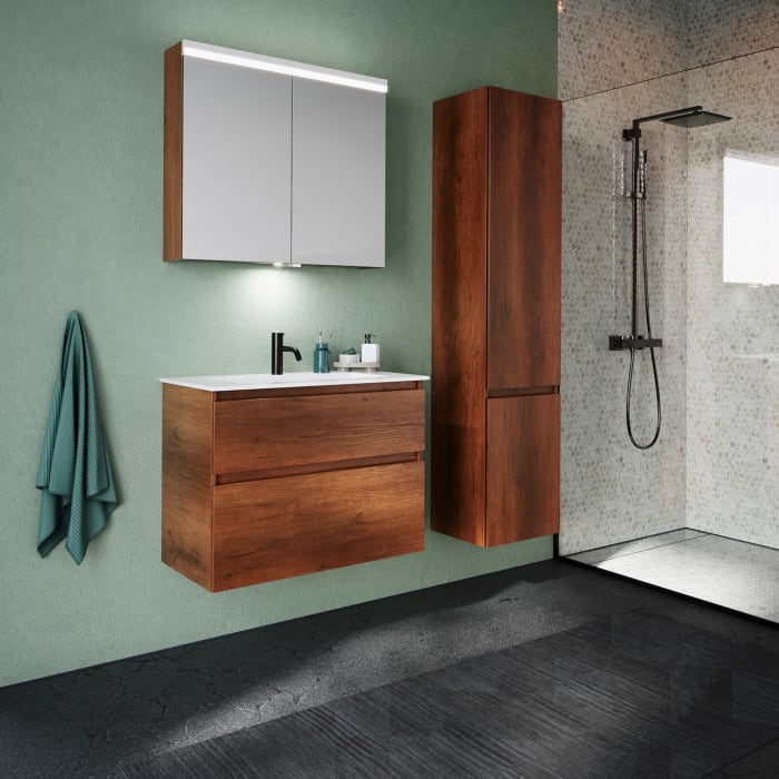 burgbad Lin20 Waschtischunterschrank mit Mineralguss-Waschtisch 82 cm, 2 Auszüge