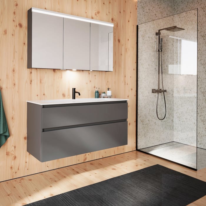 burgbad Lin20 Waschtischunterschrank mit Mineralguss-Waschtisch 122 cm, 2 Auszüge