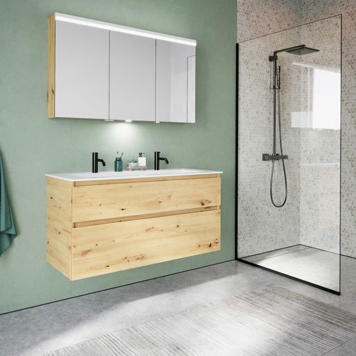 burgbad Lin20 Waschtischunterschrank mit Mineralguss-Waschtisch 122 cm, 2 Auszüge