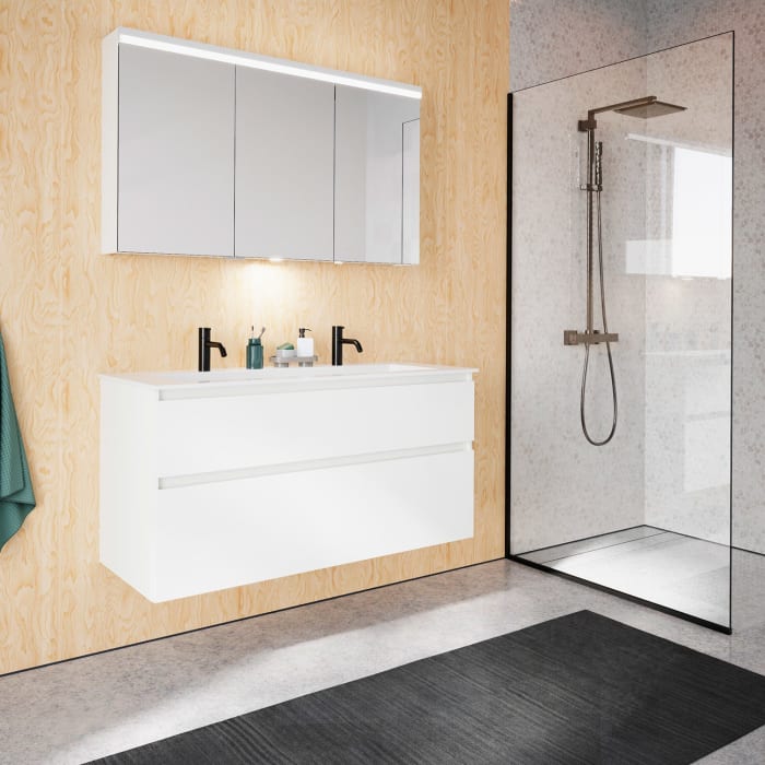 burgbad Lin20 Waschtischunterschrank mit Mineralguss-Waschtisch 122 cm, 2 Auszüge