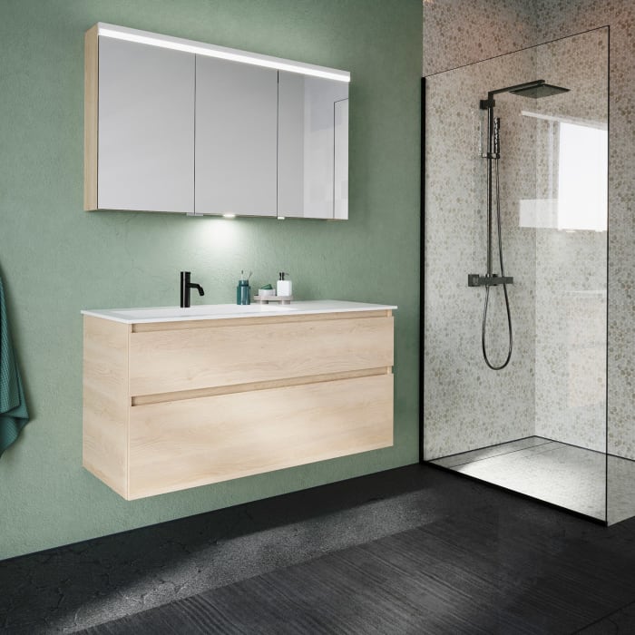 burgbad Lin20 Waschtischunterschrank mit Mineralguss-Waschtisch 122 cm, 2 Auszüge, links