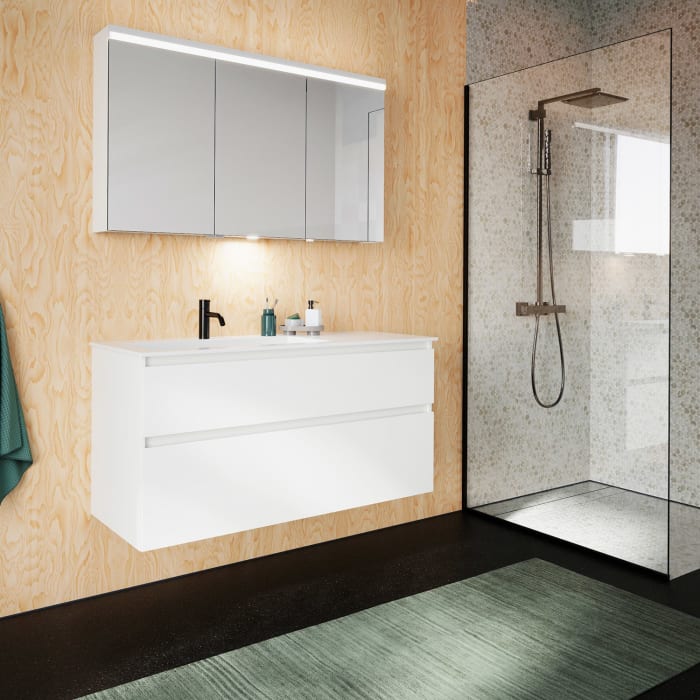 burgbad Lin20 Waschtischunterschrank mit Mineralguss-Waschtisch 122 cm, 2 Auszüge, links