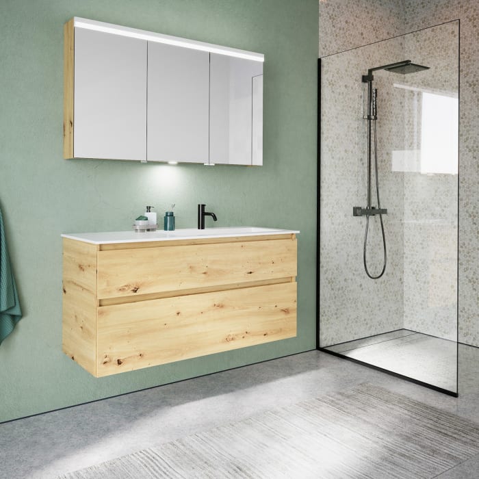 burgbad Lin20 Waschtischunterschrank mit Mineralguss-Waschtisch 122 cm, 2 Auszüge, rechts