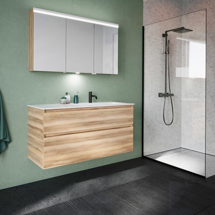 burgbad Lin20 Waschtischunterschrank mit Mineralguss-Waschtisch 122 cm, 2 Auszüge, rechts