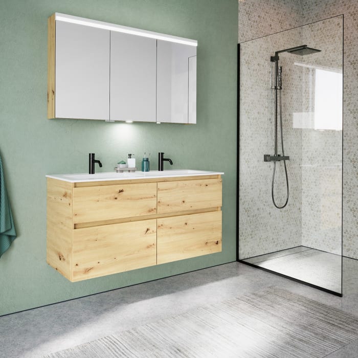 burgbad Lin20 Waschtischunterschrank mit Mineralguss-Doppelwaschtisch 122 cm, 4 Auszüge, links und rechts