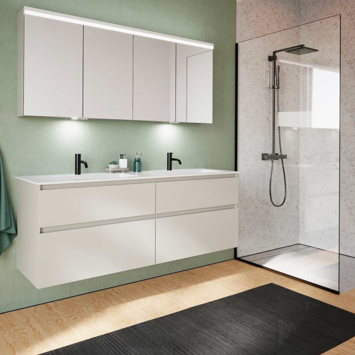 burgbad Lin20 Waschtischunterschrank mit Mineralguss-Doppelwaschtisch 162 cm, 4 Auszüge, links und rechts