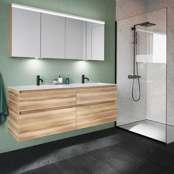 burgbad Lin20 Waschtischunterschrank mit Mineralguss-Doppelwaschtisch 162 cm, 4 Auszüge, links und rechts