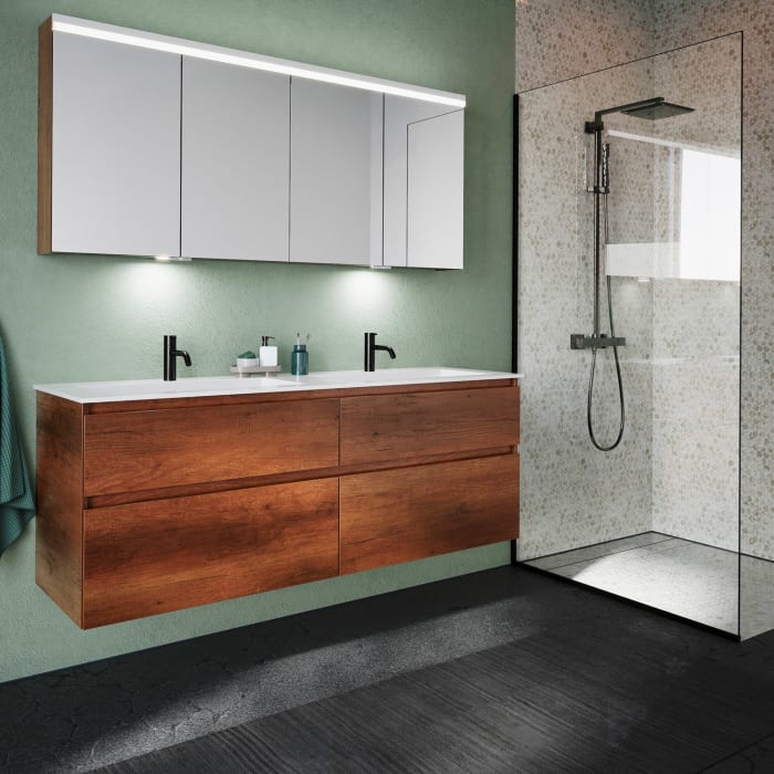 burgbad Lin20 Waschtischunterschrank mit Mineralguss-Doppelwaschtisch 162 cm, 4 Auszüge, links und rechts