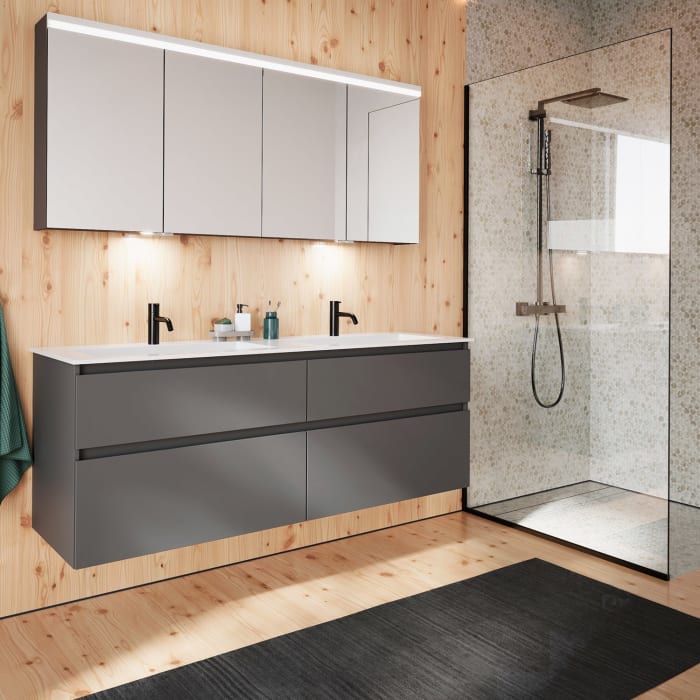 burgbad Lin20 Waschtischunterschrank mit Mineralguss-Doppelwaschtisch 162 cm, 4 Auszüge, links und rechts