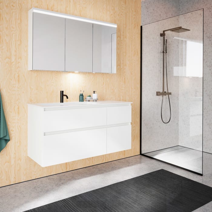 burgbad Lin20 Waschtischunterschrank mit Mineralguss-Waschtisch 122 cm, 4 Auszüge, links