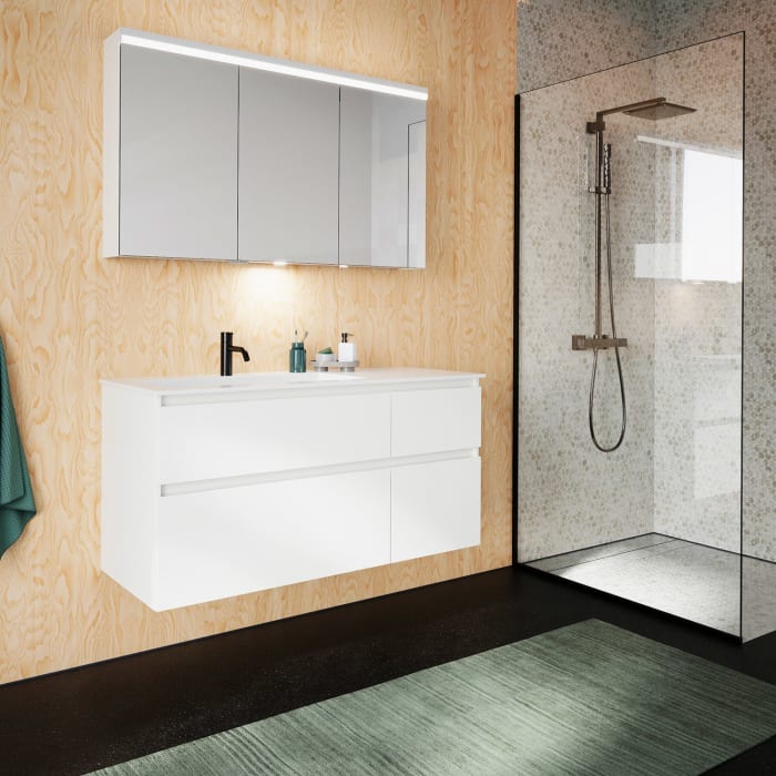 burgbad Lin20 Waschtischunterschrank mit Mineralguss-Waschtisch 122 cm, 4 Auszüge, links