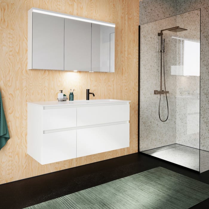 burgbad Lin20 Waschtischunterschrank mit Mineralguss-Waschtisch 122 cm, 4 Auszüge, rechts