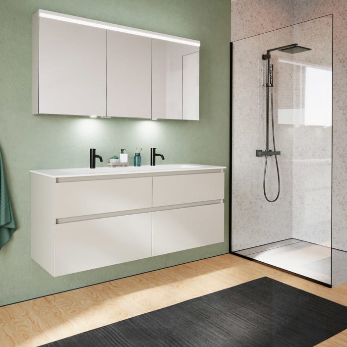 burgbad Lin20 Waschtischunterschrank mit Mineralguss-Waschtisch 142 cm, 4 Auszüge