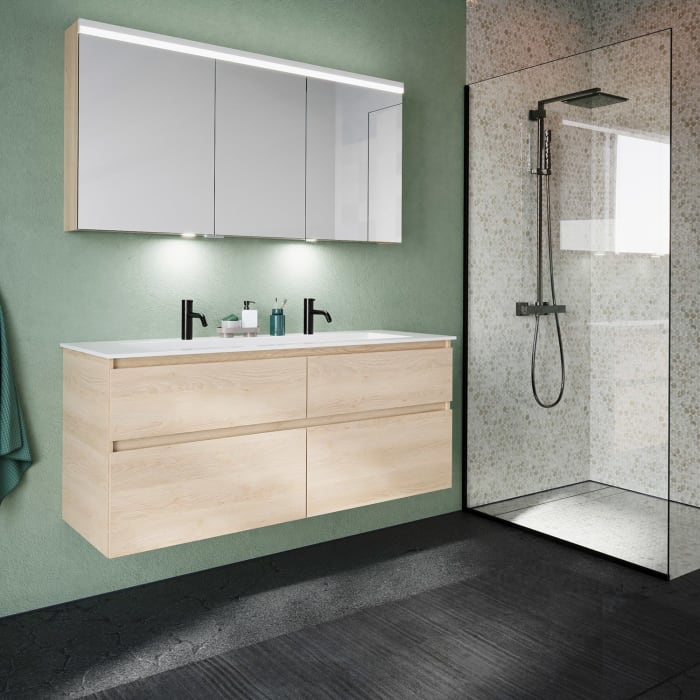 burgbad Lin20 Waschtischunterschrank mit Mineralguss-Waschtisch 142 cm, 4 Auszüge