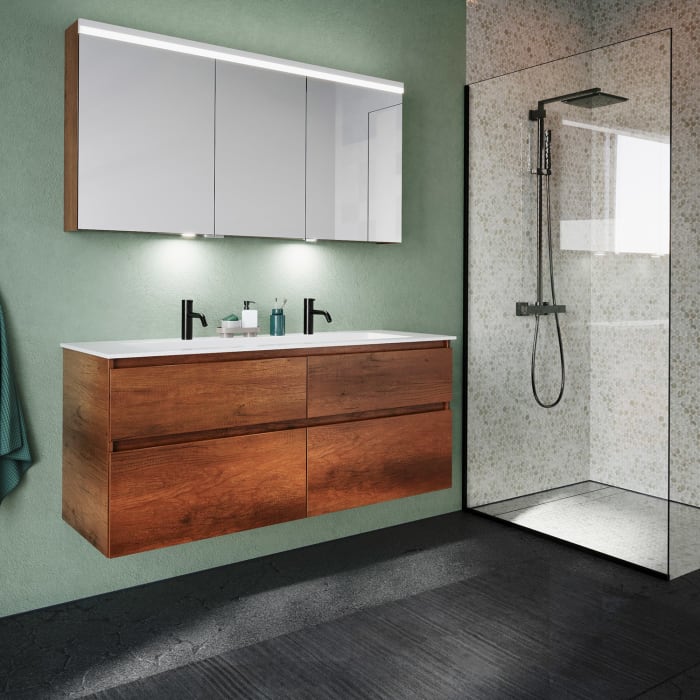 burgbad Lin20 Waschtischunterschrank mit Mineralguss-Waschtisch 142 cm, 4 Auszüge