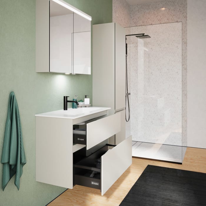 burgbad Lin20 Waschtischunterschrank mit Mineralguss-Waschtisch 82 cm, 2 Auszüge