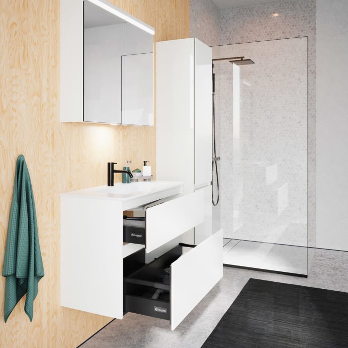 burgbad Lin20 Waschtischunterschrank mit Mineralguss-Waschtisch 82 cm, 2 Auszüge