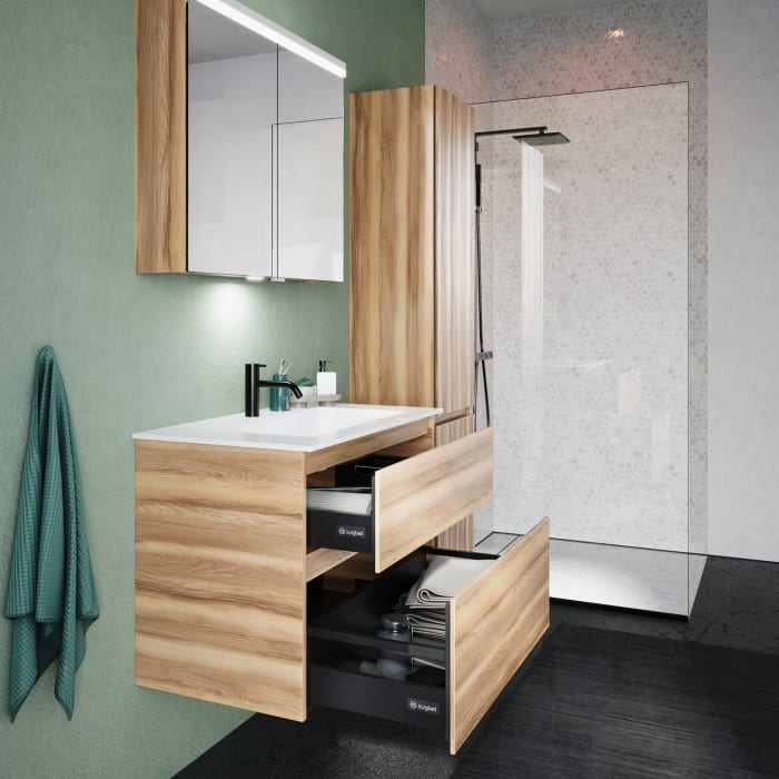 burgbad Lin20 Waschtischunterschrank mit Mineralguss-Waschtisch 82 cm, 2 Auszüge