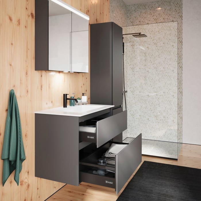 burgbad Lin20 Waschtischunterschrank mit Mineralguss-Waschtisch 82 cm, 2 Auszüge