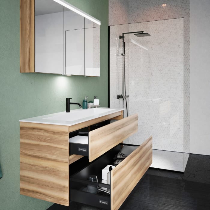 burgbad Lin20 Waschtischunterschrank mit Mineralguss-Waschtisch 122 cm, 2 Auszüge