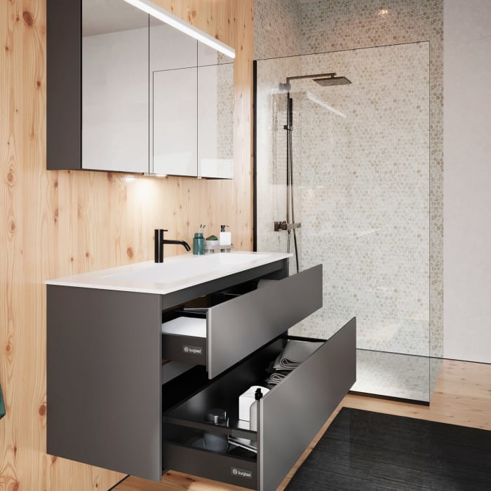 burgbad Lin20 Waschtischunterschrank mit Mineralguss-Waschtisch 122 cm, 2 Auszüge