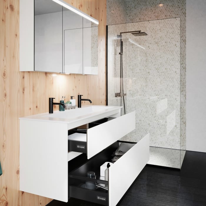 burgbad Lin20 Waschtischunterschrank mit Mineralguss-Waschtisch 122 cm, 2 Auszüge