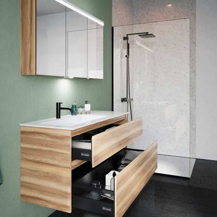 burgbad Lin20 Waschtischunterschrank mit Mineralguss-Waschtisch 122 cm, 2 Auszüge, links