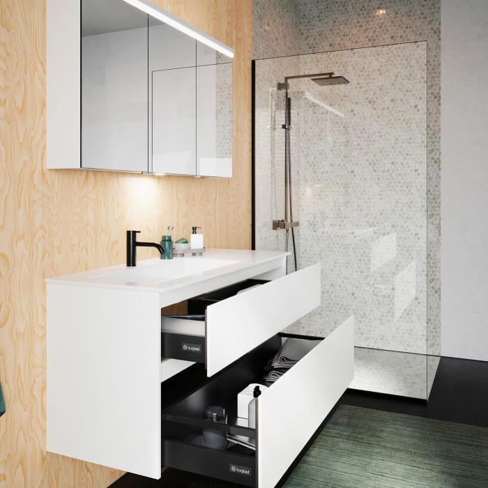 burgbad Lin20 Waschtischunterschrank mit Mineralguss-Waschtisch 122 cm, 2 Auszüge, links