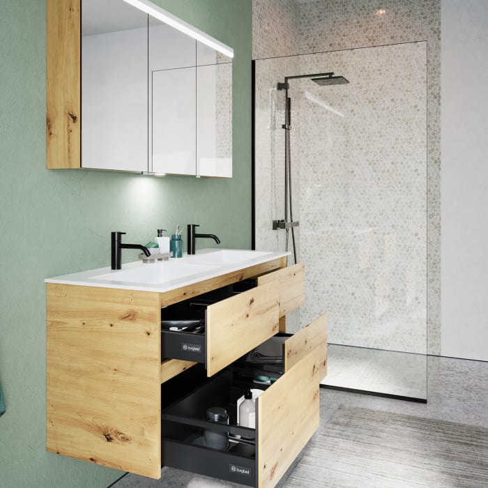 burgbad Lin20 Waschtischunterschrank mit Mineralguss-Doppelwaschtisch 122 cm, 4 Auszüge, links und rechts