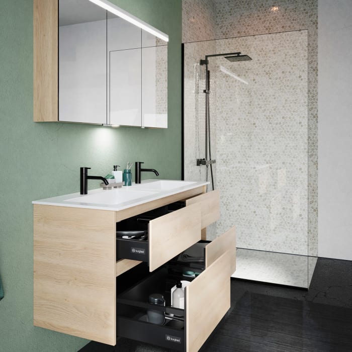 burgbad Lin20 Waschtischunterschrank mit Mineralguss-Doppelwaschtisch 122 cm, 4 Auszüge, links und rechts