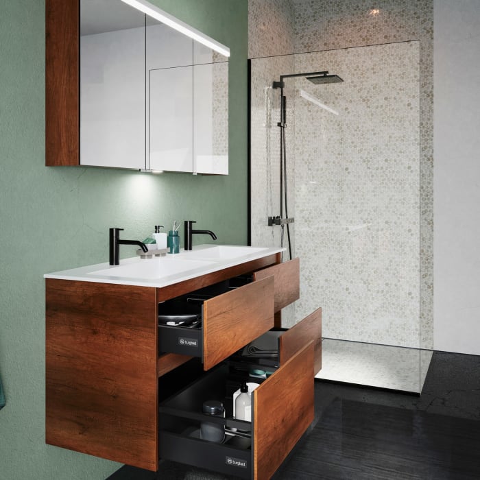 burgbad Lin20 Waschtischunterschrank mit Mineralguss-Doppelwaschtisch 122 cm, 4 Auszüge, links und rechts