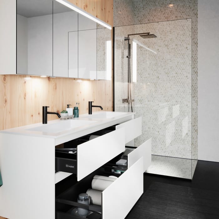 burgbad Lin20 Waschtischunterschrank mit Mineralguss-Doppelwaschtisch 162 cm, 4 Auszüge, links und rechts