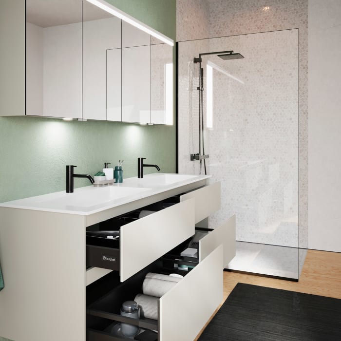 burgbad Lin20 Waschtischunterschrank mit Mineralguss-Doppelwaschtisch 162 cm, 4 Auszüge, links und rechts