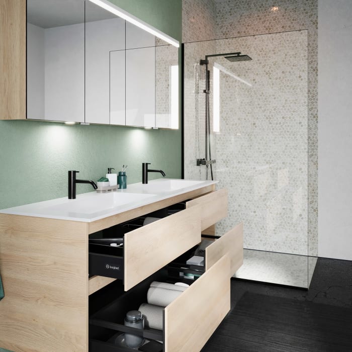 burgbad Lin20 Waschtischunterschrank mit Mineralguss-Doppelwaschtisch 162 cm, 4 Auszüge, links und rechts