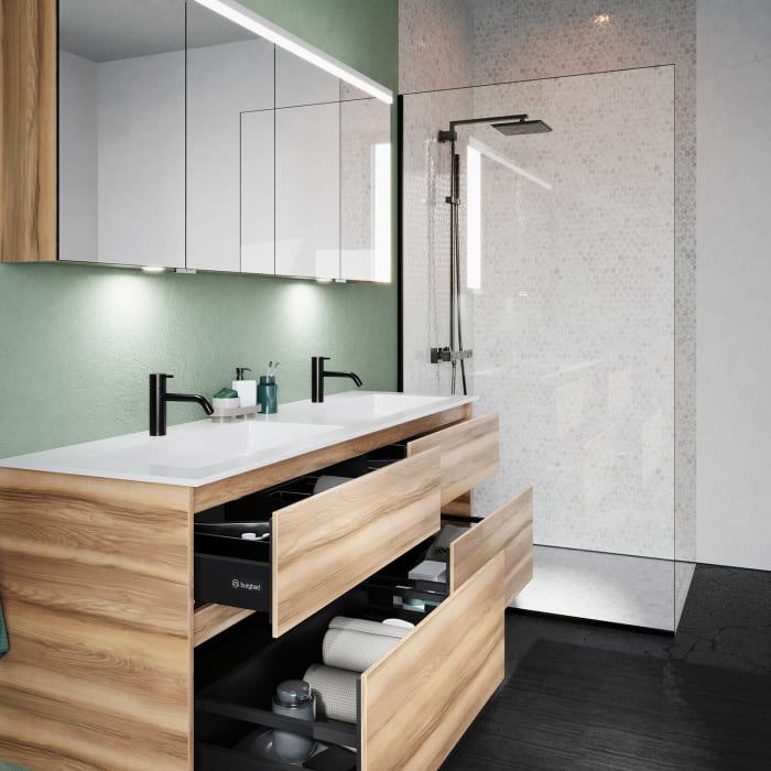 burgbad Lin20 Waschtischunterschrank mit Mineralguss-Doppelwaschtisch 162 cm, 4 Auszüge, links und rechts